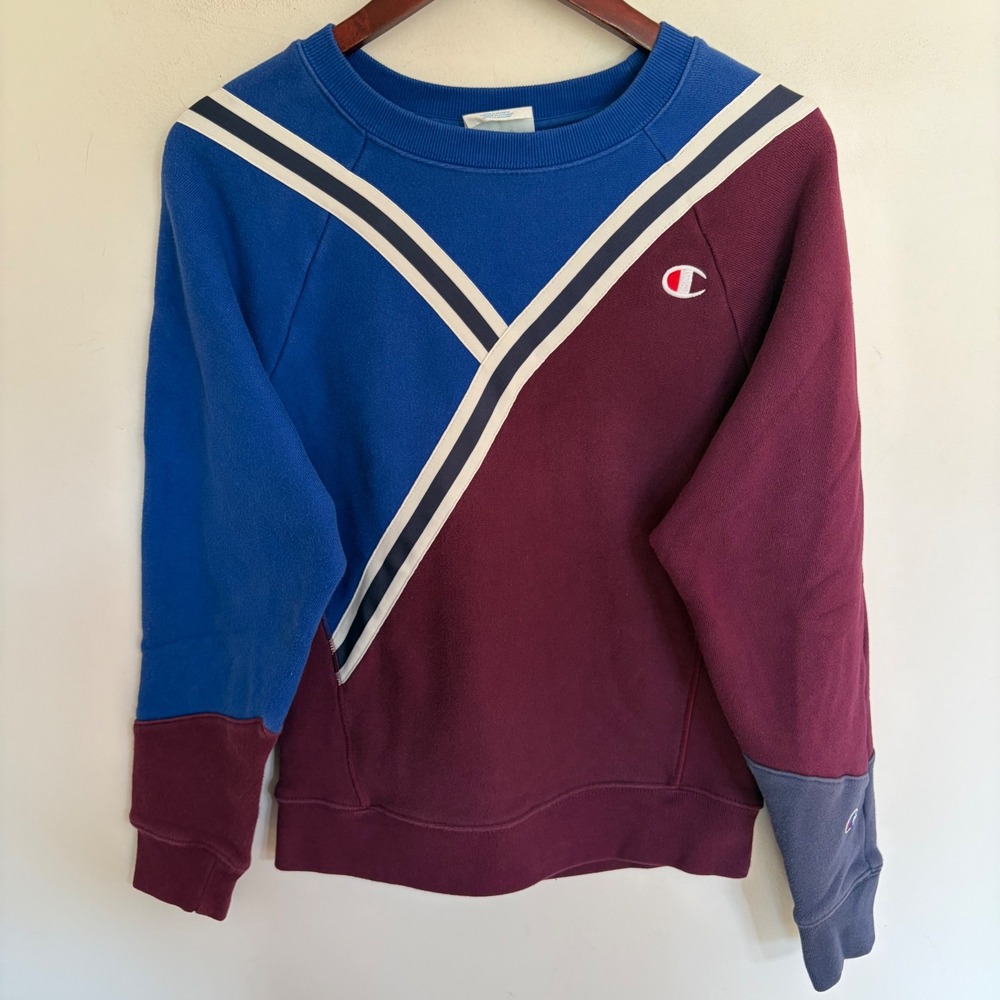 Champion Reverse Weave Colorblock Sweatshirt Blue Burgundy Stripe Womens‎ Medium